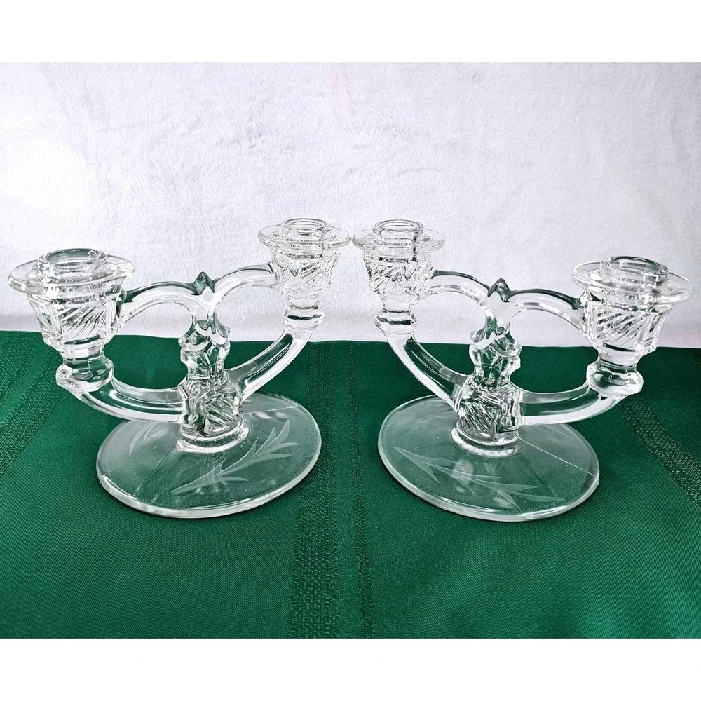 Pair Vintage Etched Glass Taper Candle Holders Double Arm Candelabra Crystal‎